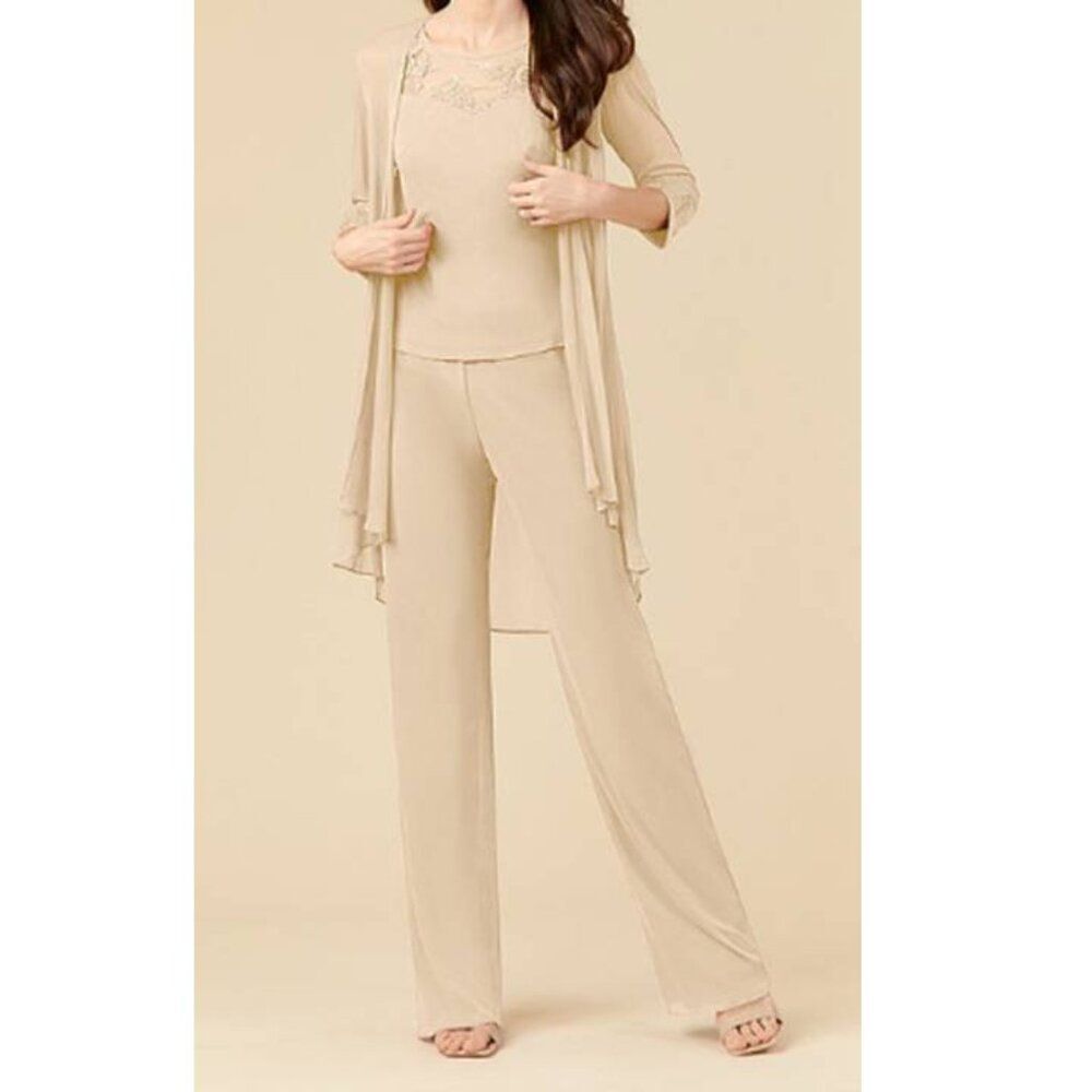 Azazie Frances Stretch 3 Piece Mesh Set Blouse Jacket Pants Party Champagne S8